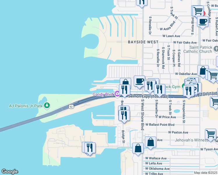 map of restaurants, bars, coffee shops, grocery stores, and more near 5109 West Gandy Boulevard in Tampa
