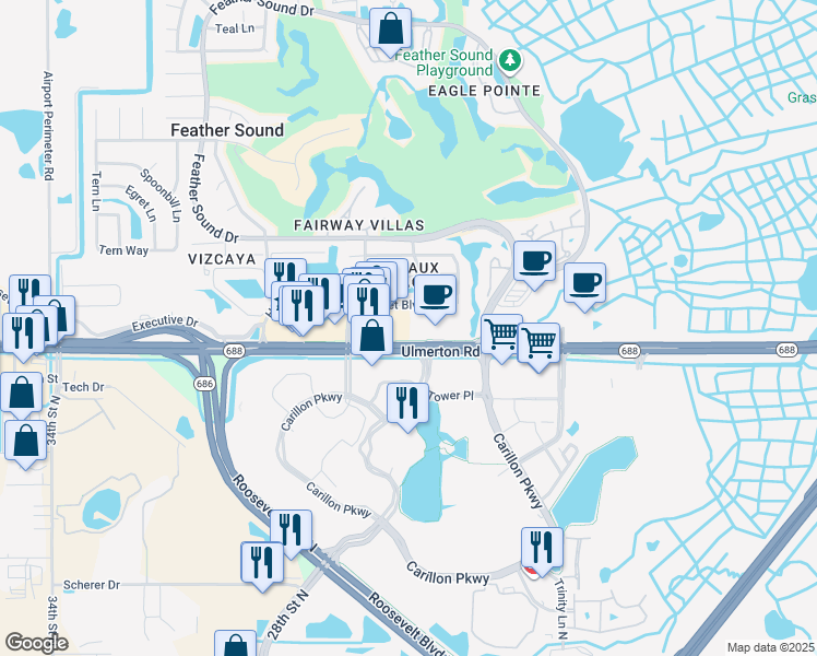 map of restaurants, bars, coffee shops, grocery stores, and more near 2325 Florida 688 in Clearwater