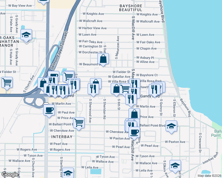 map of restaurants, bars, coffee shops, grocery stores, and more near 4809 South Mound Avenue in Tampa