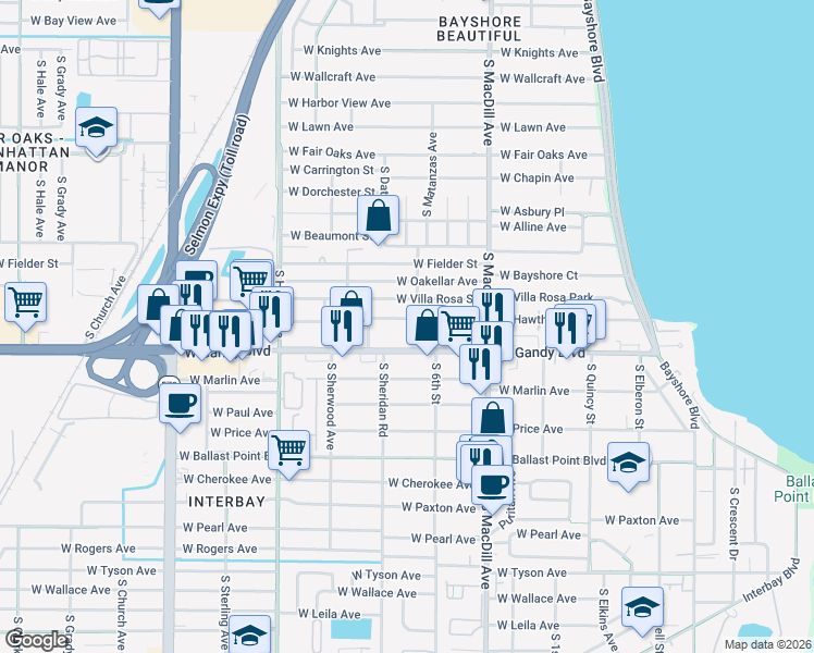 map of restaurants, bars, coffee shops, grocery stores, and more near 3208 West Hawthorne Road in Tampa