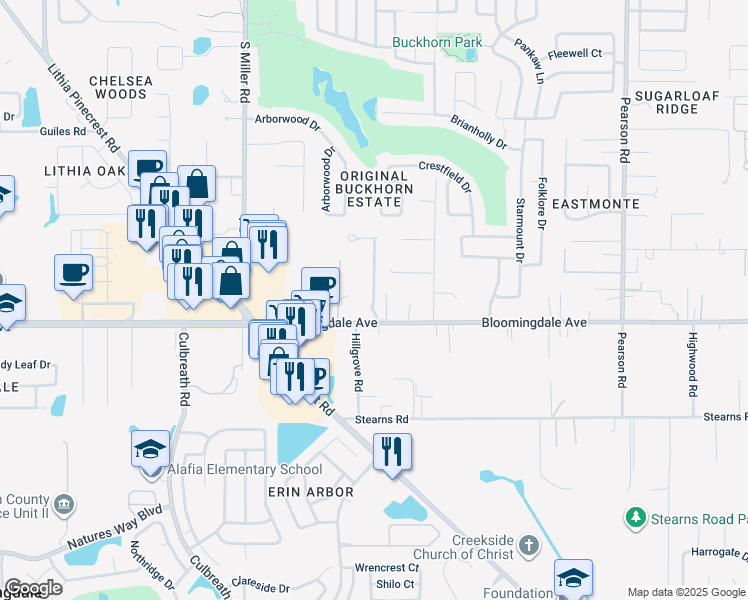 map of restaurants, bars, coffee shops, grocery stores, and more near 2501 Oakhill Park Place in Valrico