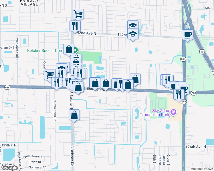 map of restaurants, bars, coffee shops, grocery stores, and more near 7500 Ulmerton Road in Largo