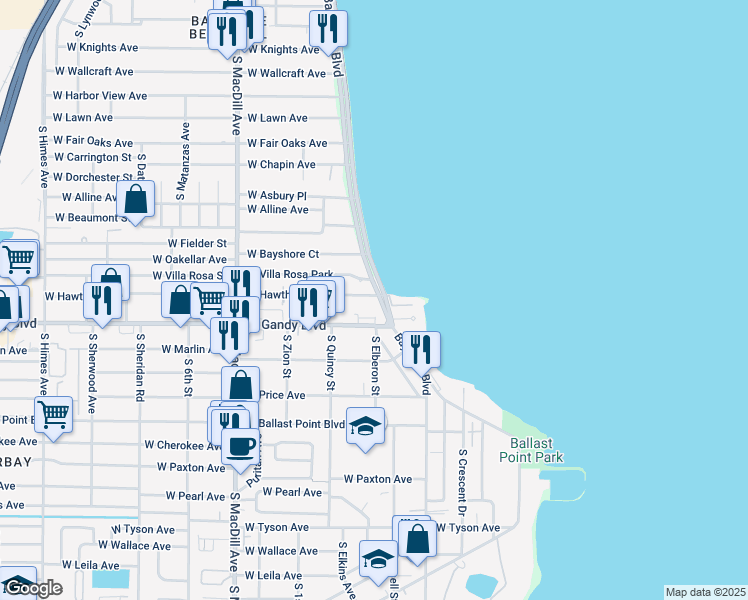 map of restaurants, bars, coffee shops, grocery stores, and more near in Tampa