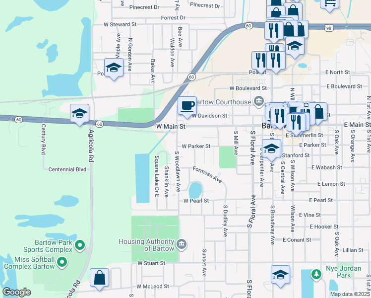 map of restaurants, bars, coffee shops, grocery stores, and more near 720 Marion Place in Bartow