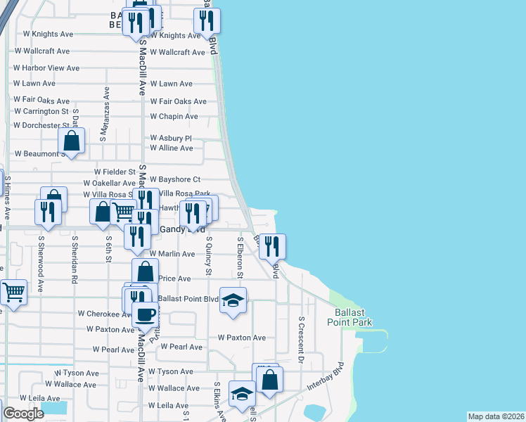 map of restaurants, bars, coffee shops, grocery stores, and more near 2807 Baypointe Circle in Tampa