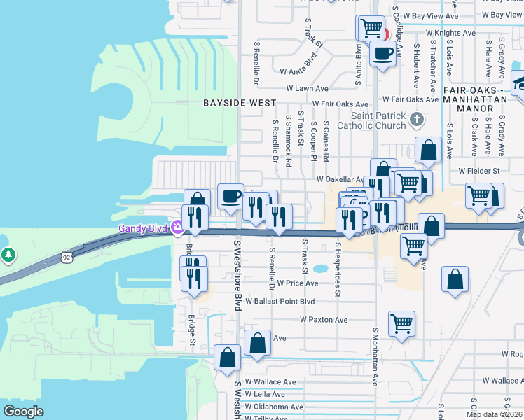 map of restaurants, bars, coffee shops, grocery stores, and more near 4800 South West Shore Boulevard in Tampa