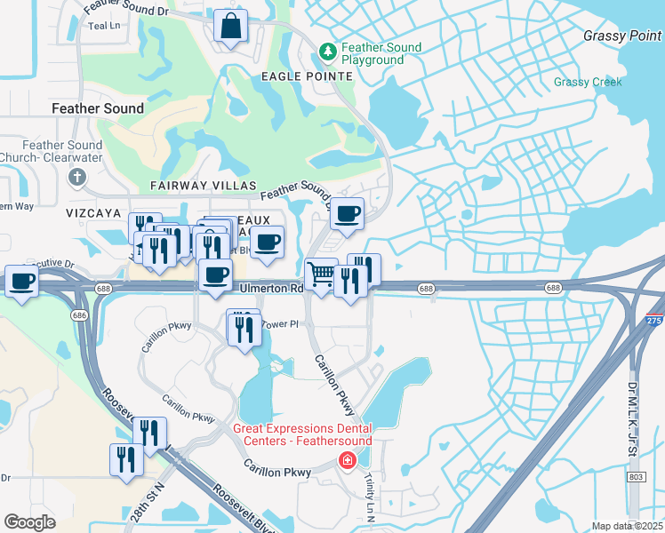 map of restaurants, bars, coffee shops, grocery stores, and more near 120 Carillon Parkway in Saint Petersburg