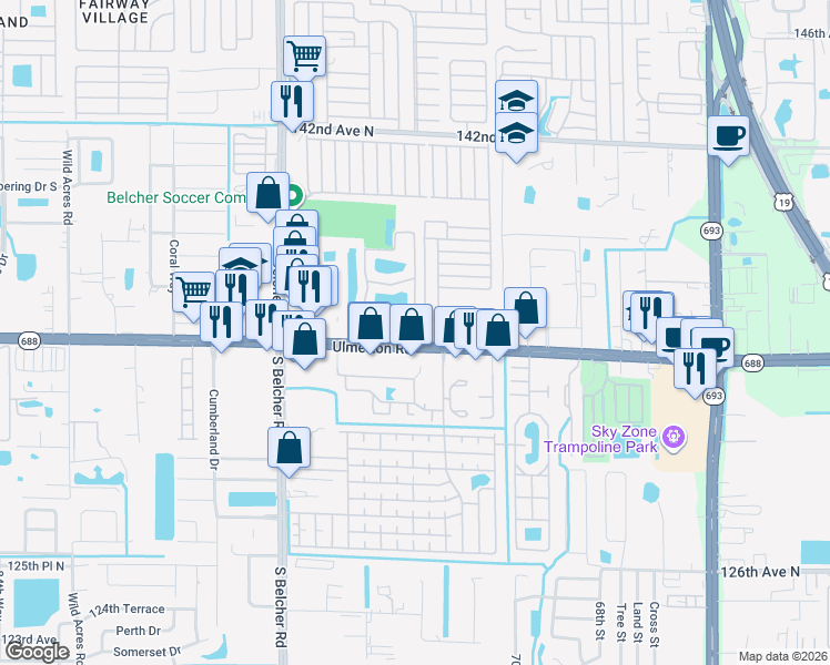 map of restaurants, bars, coffee shops, grocery stores, and more near 7500 Ulmerton Road in Largo