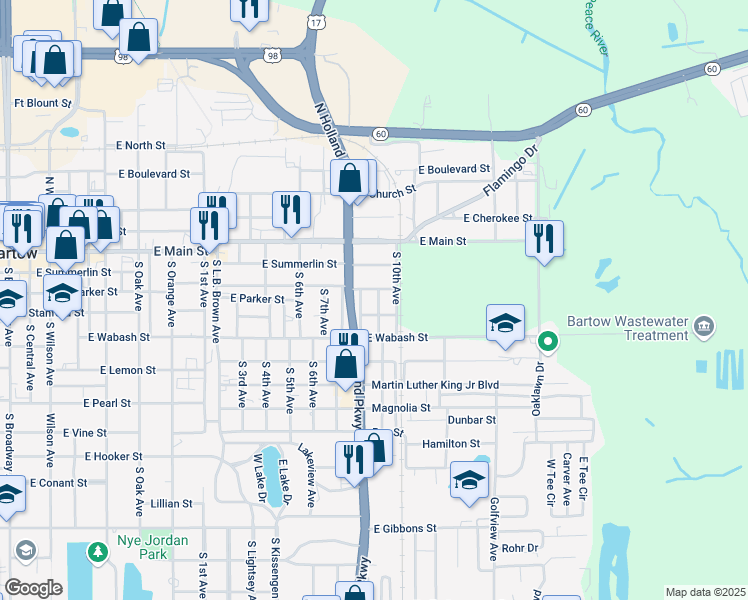 map of restaurants, bars, coffee shops, grocery stores, and more near 325 South 9th Avenue in Bartow