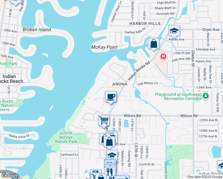map of restaurants, bars, coffee shops, grocery stores, and more near 13300 Indian Rocks Road in Largo