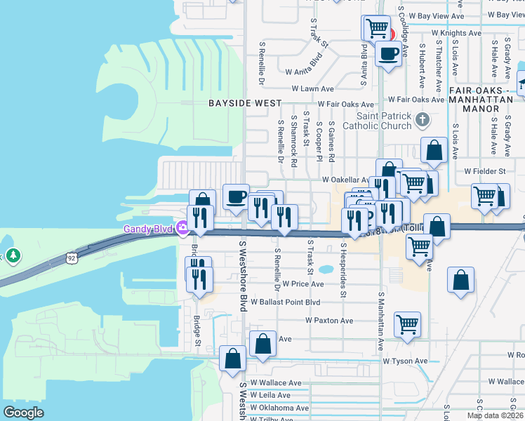 map of restaurants, bars, coffee shops, grocery stores, and more near 4800 South Westshore Boulevard in Tampa