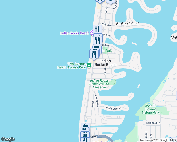 map of restaurants, bars, coffee shops, grocery stores, and more near in Indian Rocks Beach