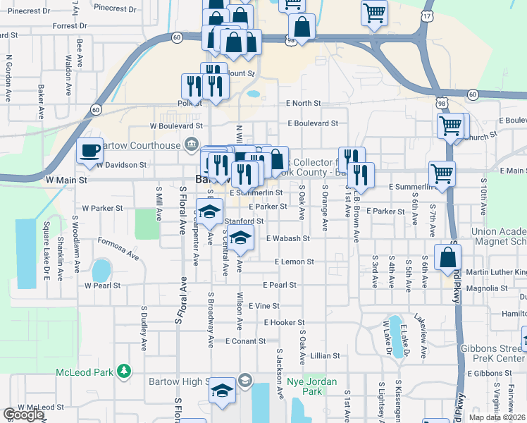map of restaurants, bars, coffee shops, grocery stores, and more near 485 East Stanford Street in Bartow