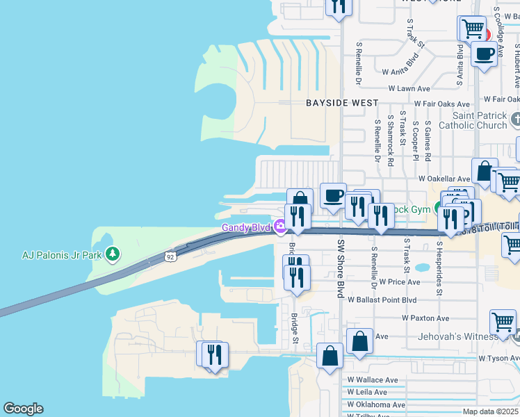 map of restaurants, bars, coffee shops, grocery stores, and more near 5109 West Gandy Boulevard in Tampa