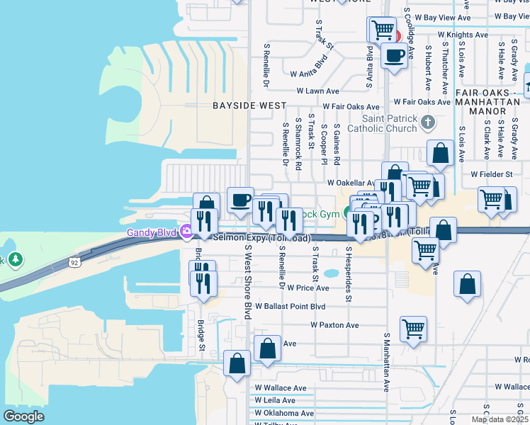 map of restaurants, bars, coffee shops, grocery stores, and more near 4800 South West Shore Boulevard in Tampa