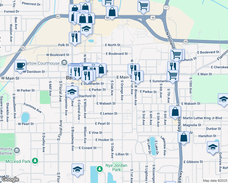 map of restaurants, bars, coffee shops, grocery stores, and more near 310 South Oak Avenue in Bartow
