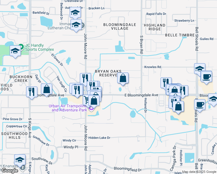 map of restaurants, bars, coffee shops, grocery stores, and more near 3218 Bloomingdale Villas Court in Brandon