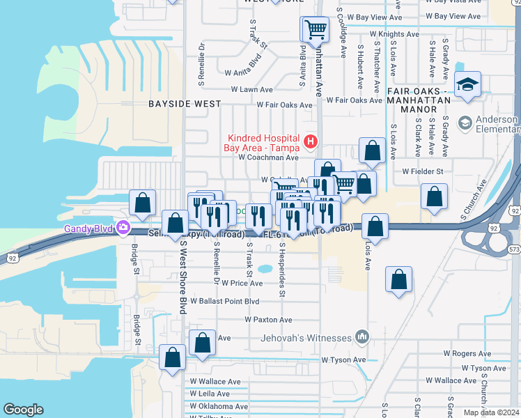 map of restaurants, bars, coffee shops, grocery stores, and more near 4545 West Gandy Boulevard in Tampa