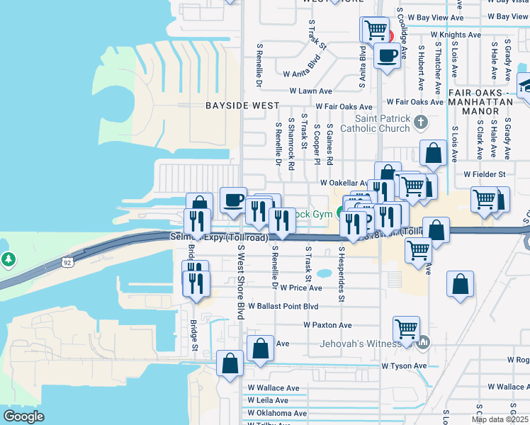 map of restaurants, bars, coffee shops, grocery stores, and more near 4800 South West Shore Boulevard in Tampa