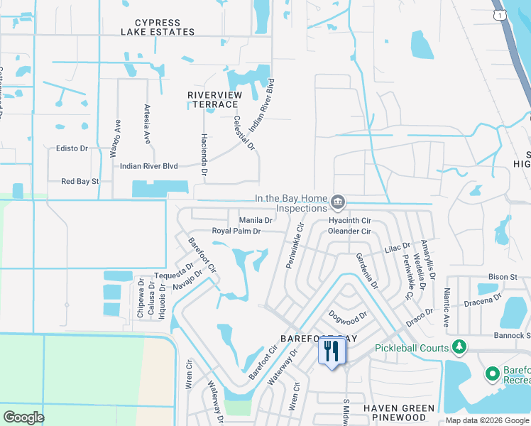 map of restaurants, bars, coffee shops, grocery stores, and more near 1055 Manila Drive in Micco