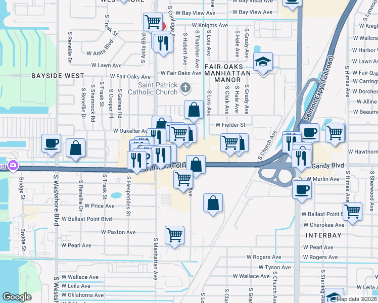 map of restaurants, bars, coffee shops, grocery stores, and more near 4251 West Gandy Boulevard in Tampa