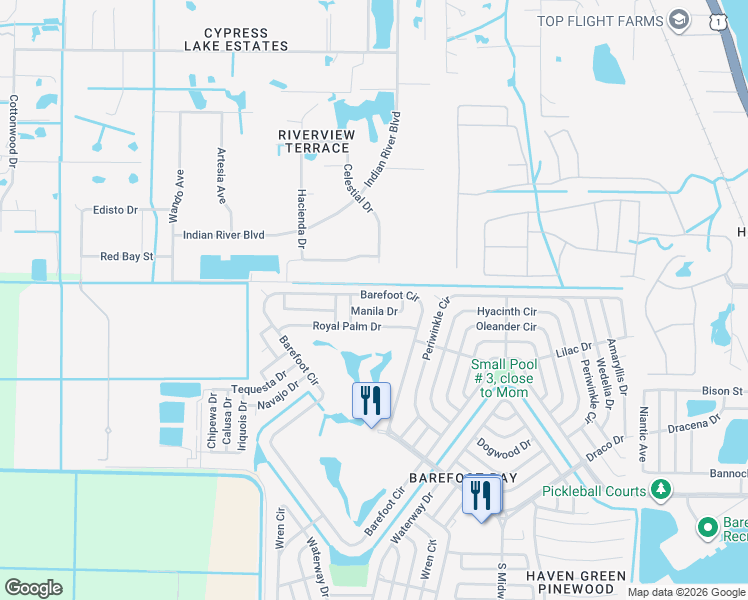 map of restaurants, bars, coffee shops, grocery stores, and more near 1055 Manila Drive in Micco