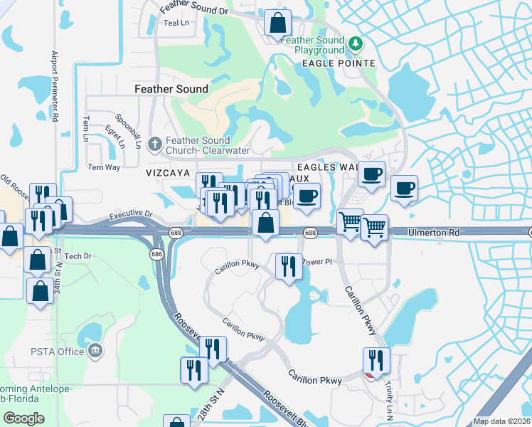 map of restaurants, bars, coffee shops, grocery stores, and more near 2325 Ulmerton Road in Clearwater