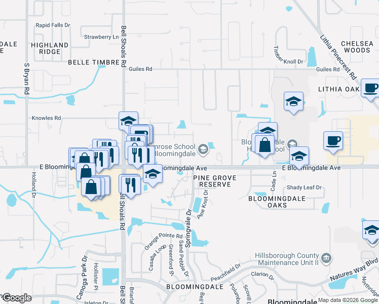 map of restaurants, bars, coffee shops, grocery stores, and more near 3257 Pleasant Willow Court in Brandon
