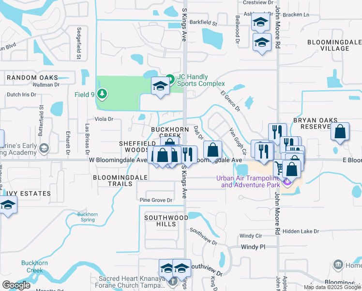 map of restaurants, bars, coffee shops, grocery stores, and more near 803 Antler Court in Brandon