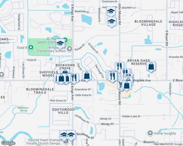 map of restaurants, bars, coffee shops, grocery stores, and more near 219 Van Gogh Circle in Brandon