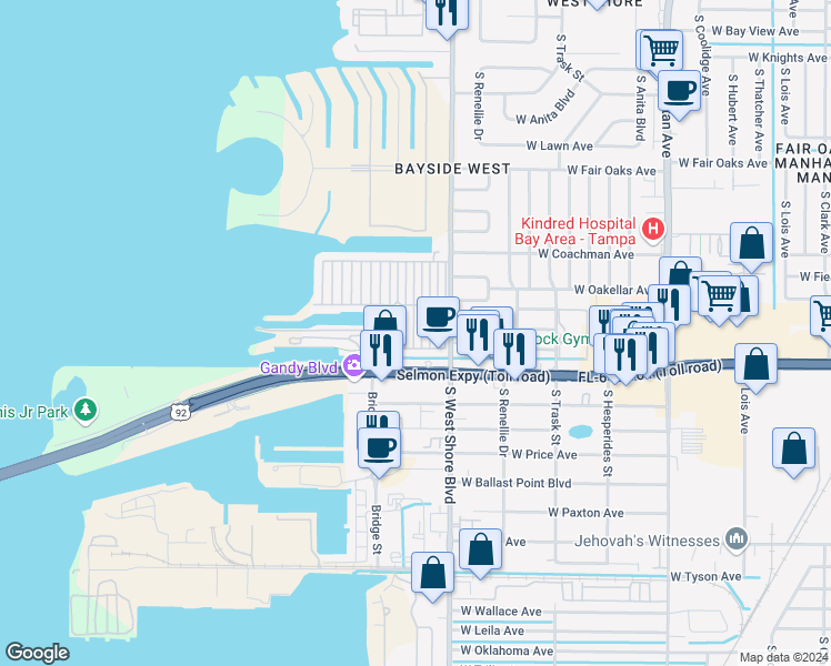 map of restaurants, bars, coffee shops, grocery stores, and more near 4851 West Gandy Boulevard in Tampa
