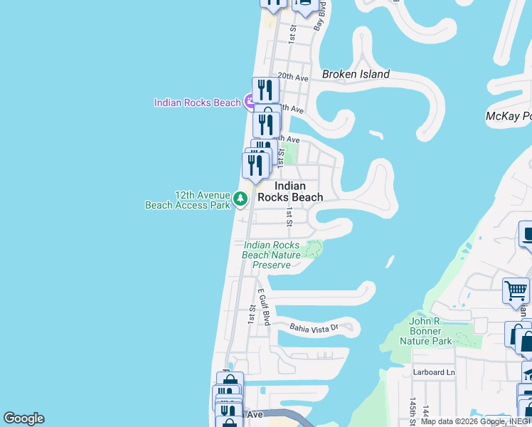 map of restaurants, bars, coffee shops, grocery stores, and more near 109 13th Avenue in Indian Rocks Beach
