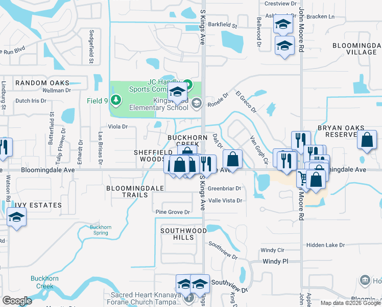 map of restaurants, bars, coffee shops, grocery stores, and more near 903 Buck Court in Brandon