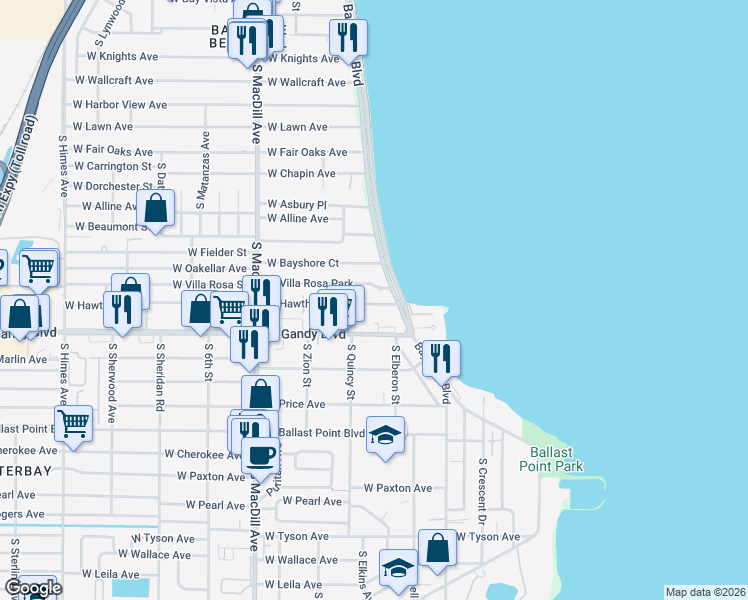 map of restaurants, bars, coffee shops, grocery stores, and more near 2908 West Villa Rosa Park in Tampa