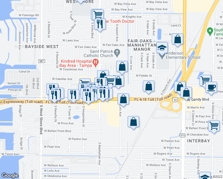 map of restaurants, bars, coffee shops, grocery stores, and more near 4315 West Gandy Boulevard in Tampa