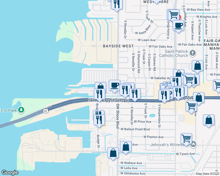 map of restaurants, bars, coffee shops, grocery stores, and more near 4851 West Gandy Boulevard in Tampa