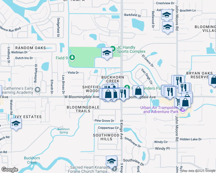 map of restaurants, bars, coffee shops, grocery stores, and more near 3217 Elk Court in Brandon