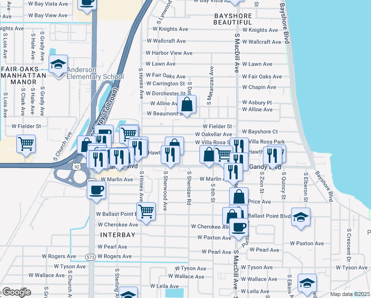 map of restaurants, bars, coffee shops, grocery stores, and more near 3220 West Villa Rosa Street in Tampa