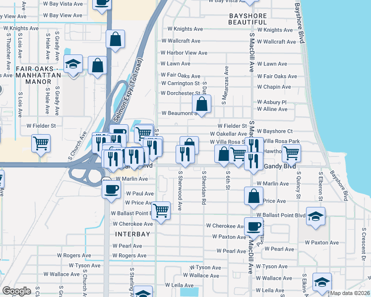 map of restaurants, bars, coffee shops, grocery stores, and more near 3316 West Villa Rosa Street in Tampa