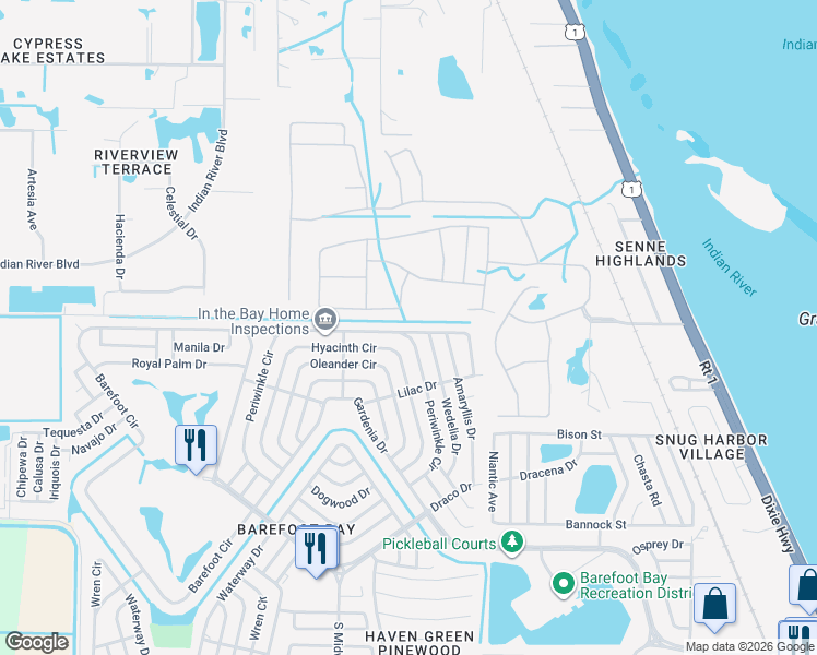 map of restaurants, bars, coffee shops, grocery stores, and more near 752 Gladiolus Drive in Micco