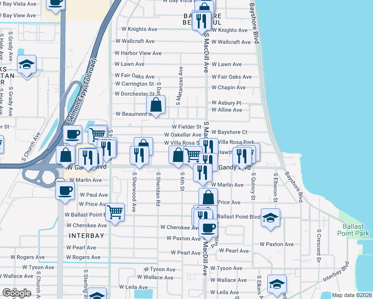 map of restaurants, bars, coffee shops, grocery stores, and more near 3123 West Villa Rosa Street in Tampa