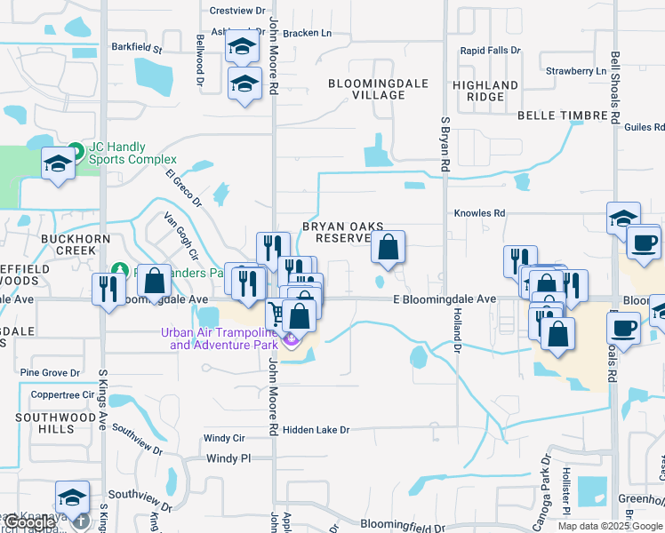 map of restaurants, bars, coffee shops, grocery stores, and more near 3209 Bloomingdale Villas Court in Brandon
