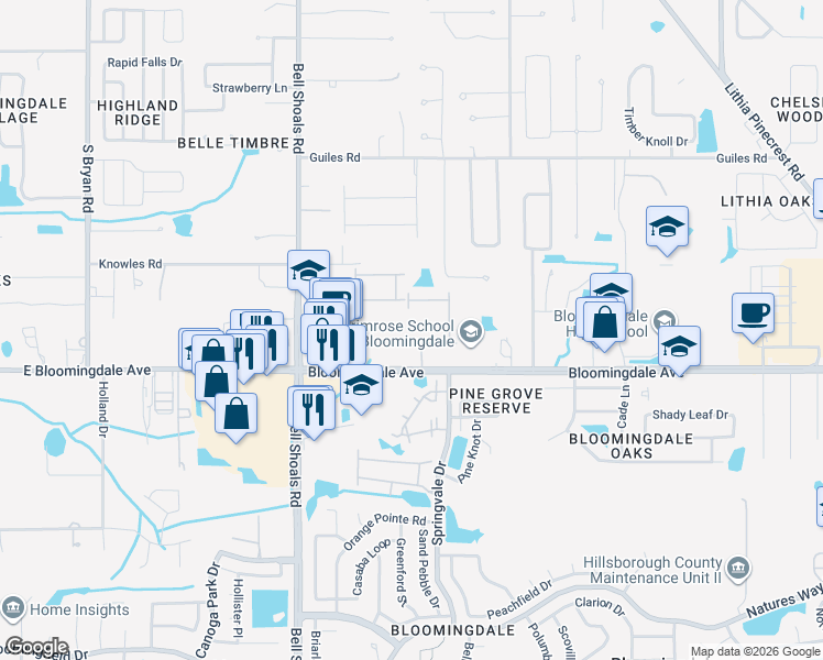 map of restaurants, bars, coffee shops, grocery stores, and more near 1204 Bloomingdale Avenue in Valrico