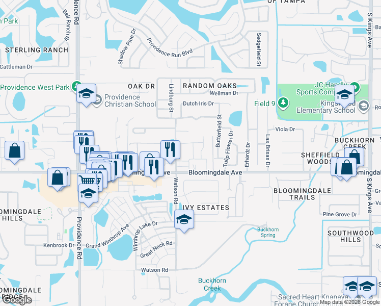 map of restaurants, bars, coffee shops, grocery stores, and more near 5906 Watson Road in Riverview