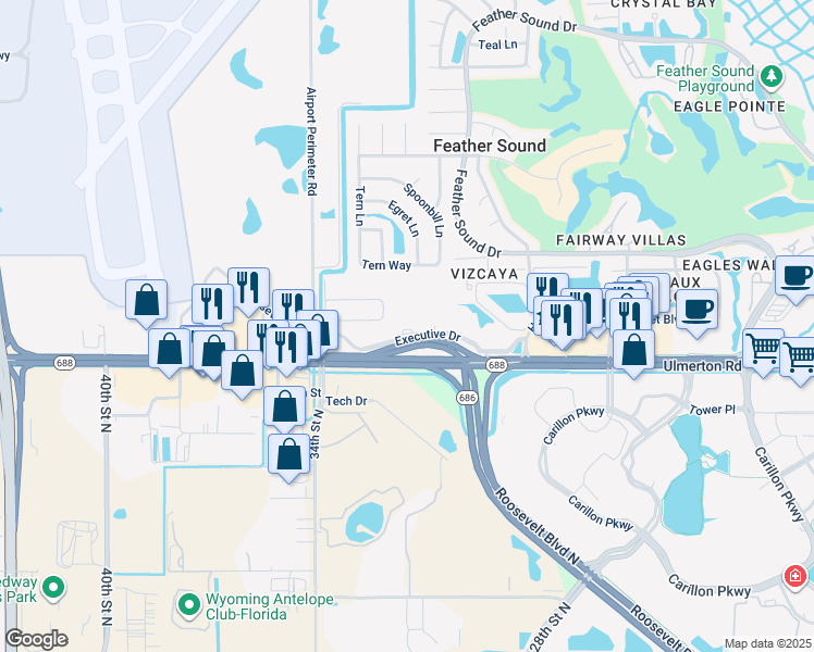 map of restaurants, bars, coffee shops, grocery stores, and more near 3131 Executive Drive in Clearwater