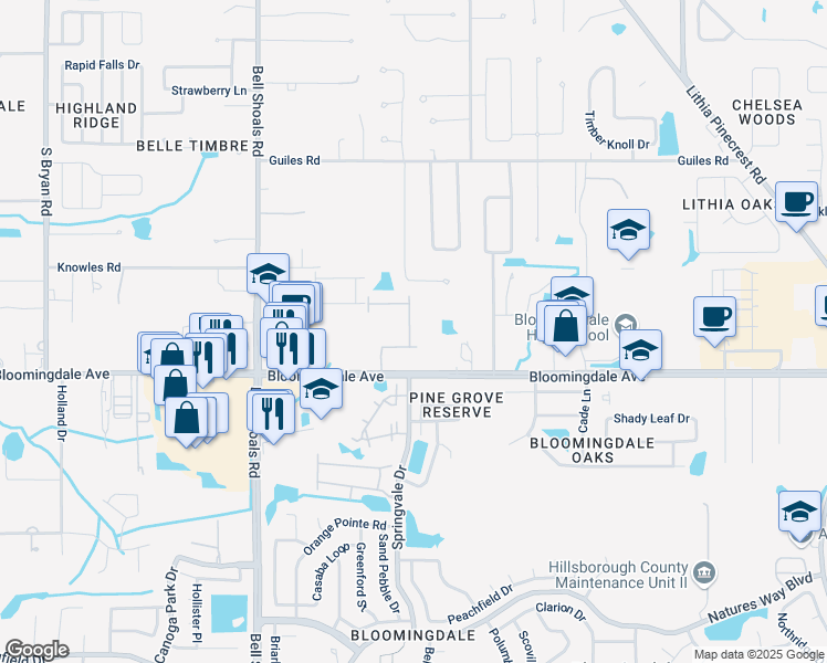 map of restaurants, bars, coffee shops, grocery stores, and more near 3257 Pleasant Willow Court in Brandon