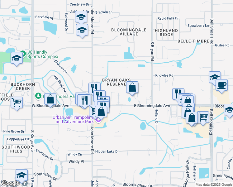 map of restaurants, bars, coffee shops, grocery stores, and more near 3209 Bloomingdale Villas Court in Brandon