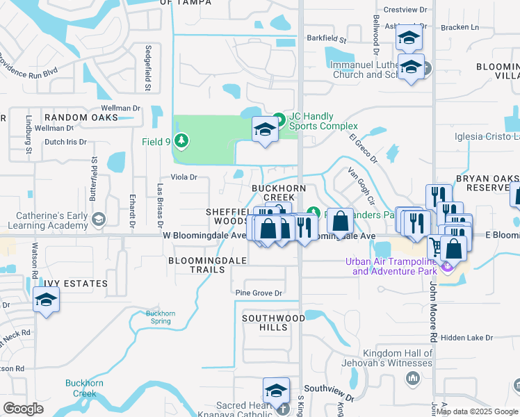 map of restaurants, bars, coffee shops, grocery stores, and more near 3217 Elk Court in Brandon