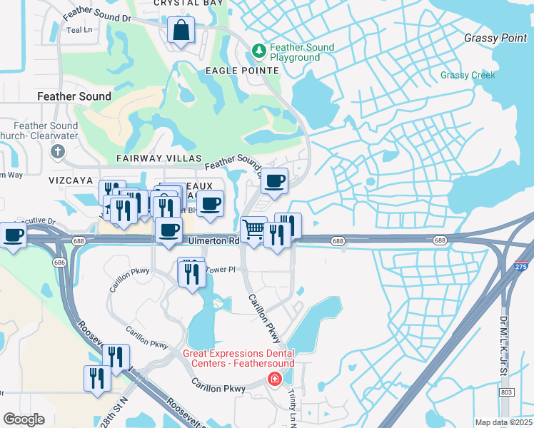 map of restaurants, bars, coffee shops, grocery stores, and more near 13535 Feather Sound Drive in Clearwater