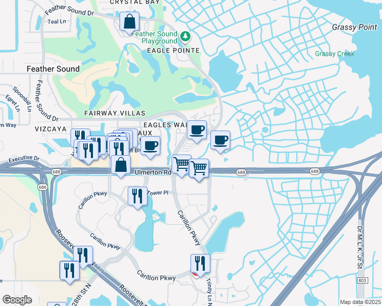 map of restaurants, bars, coffee shops, grocery stores, and more near 13535 Feather Sound Drive in Clearwater